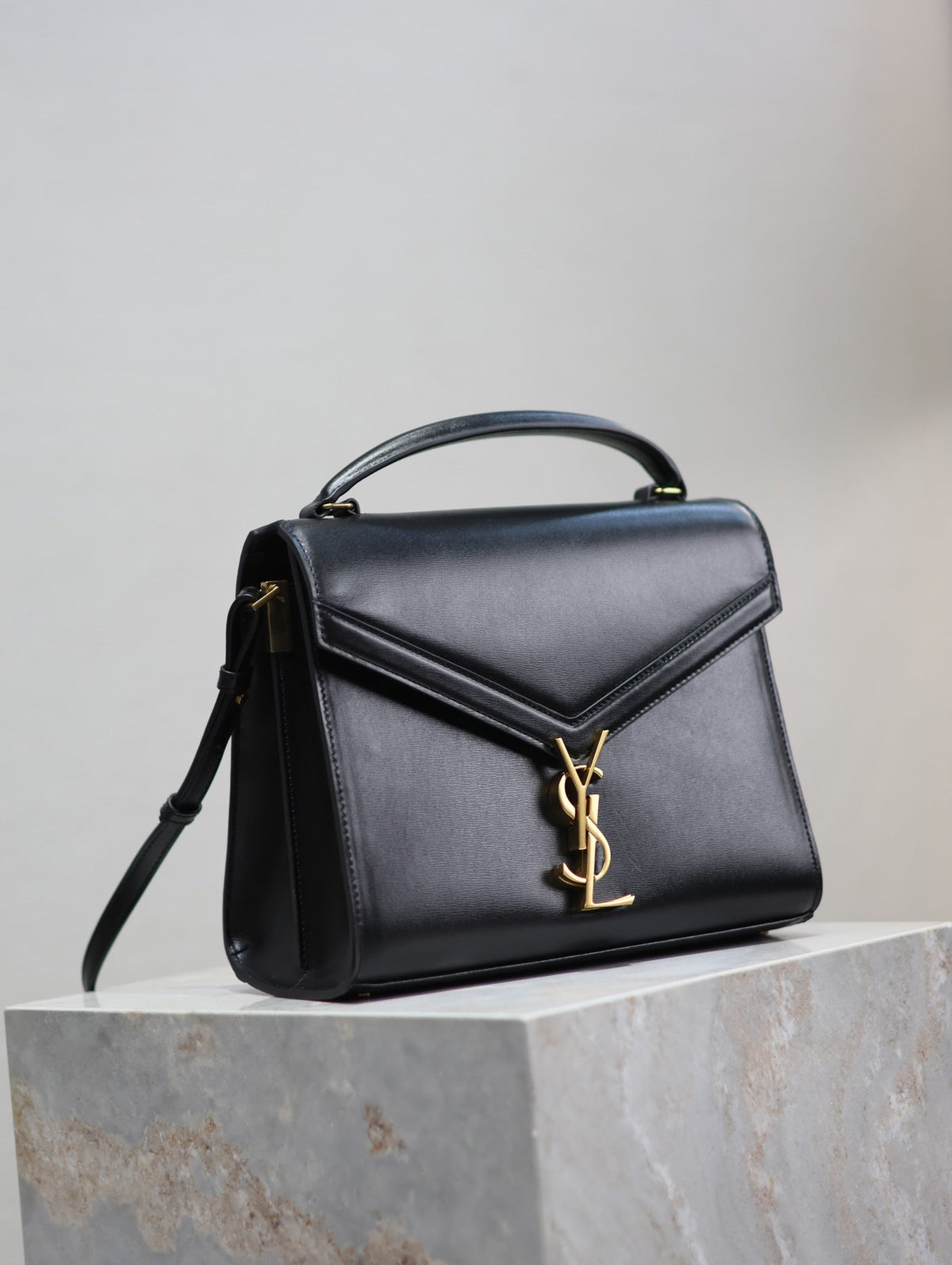 YSL CASSANDRA TOP HANDLE BAG MEDIUM BLACK SMOOTH LAMBSKIN GOLD HARDWARE