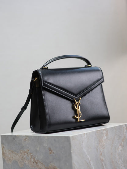 YSL CASSANDRA TOP HANDLE BAG MEDIUM BLACK SMOOTH LAMBSKIN GOLD HARDWARE