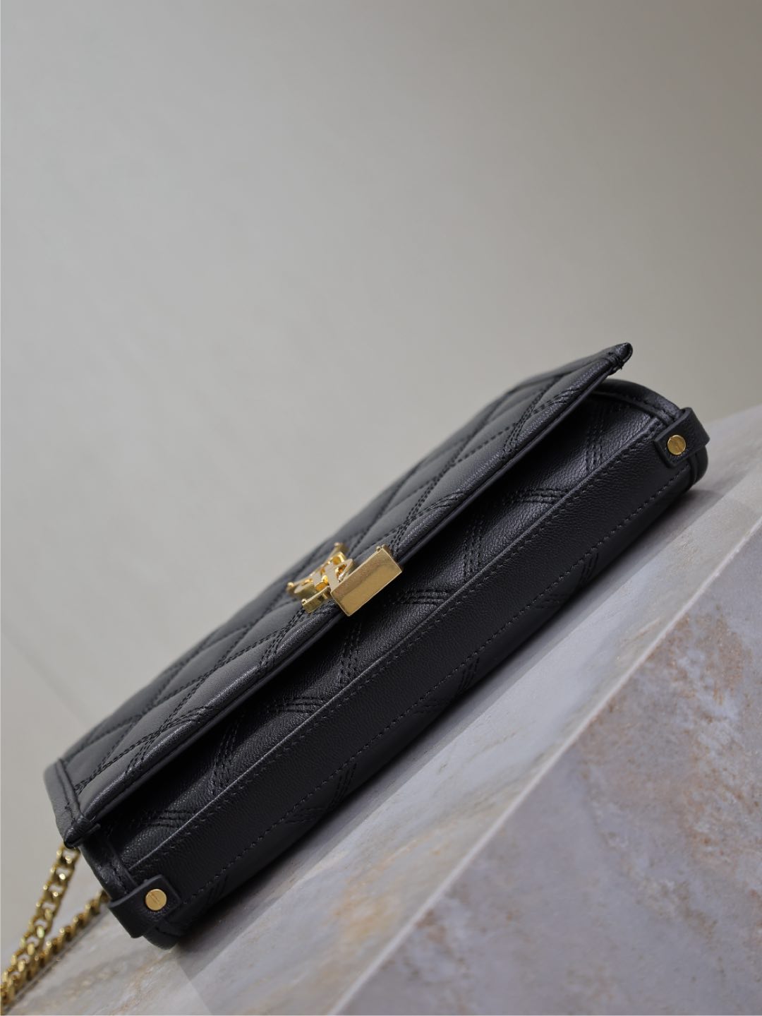 BECKY 22 IN BLACK QUILTED LAMBSKIN GOLD HARDWARE
