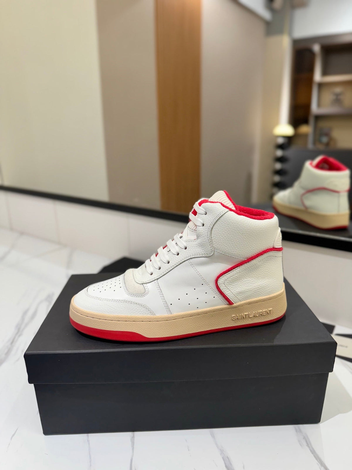 MID-TOP SNEAKERS IN WHITE AND RED TRIM PERFORATED LAMBSKIN