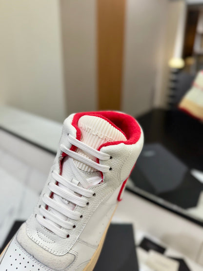 MID-TOP SNEAKERS IN WHITE AND RED TRIM PERFORATED LAMBSKIN