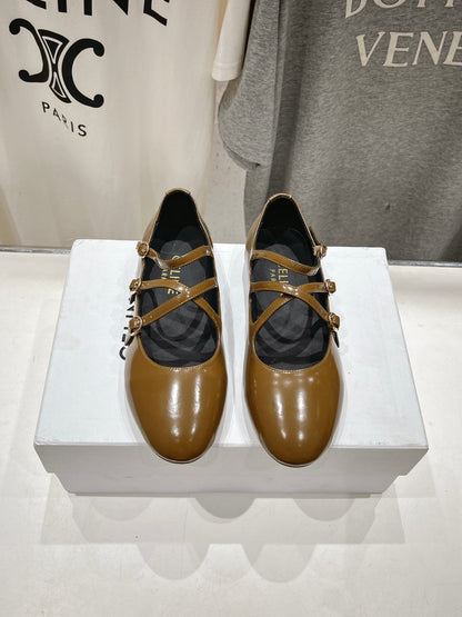 BALLET FLAT WITH CROSSOVER STRAP IN SEPIA BROWN LAMBSKIN