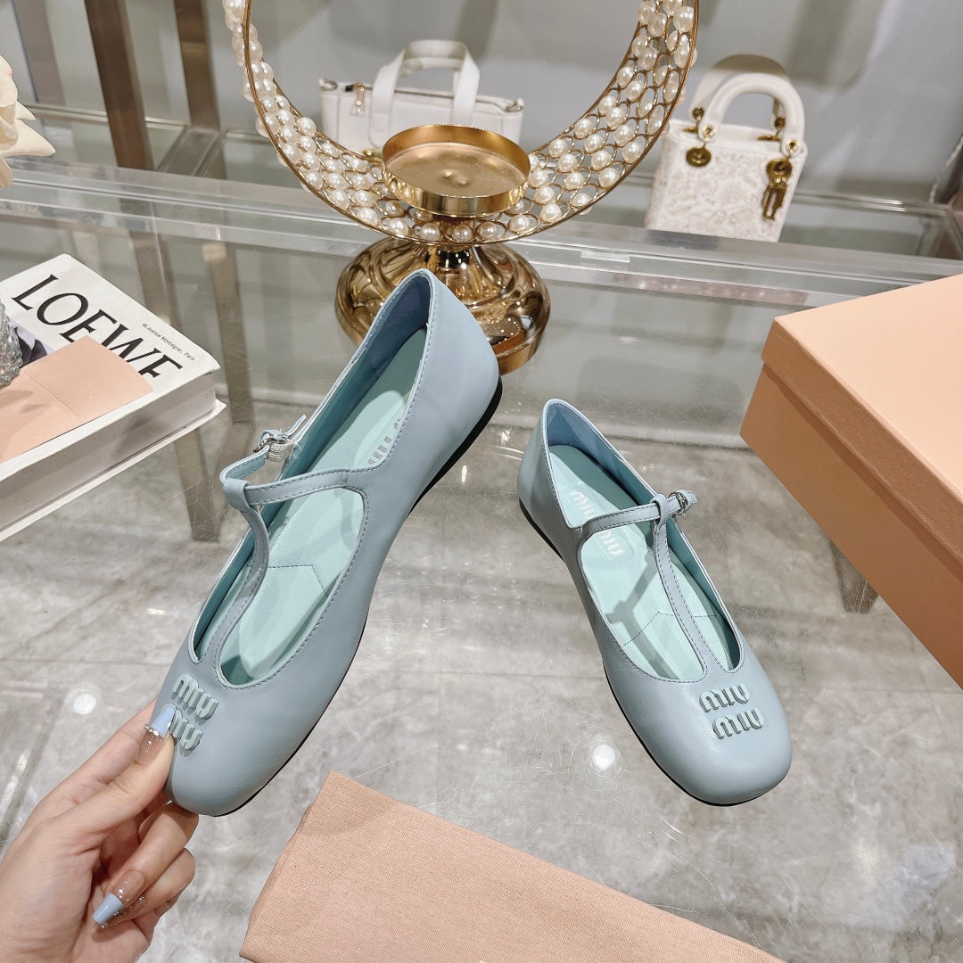 MARY JANE SANDAL PASTEL BLUE WITH T - STRAP SHEEPSKIN