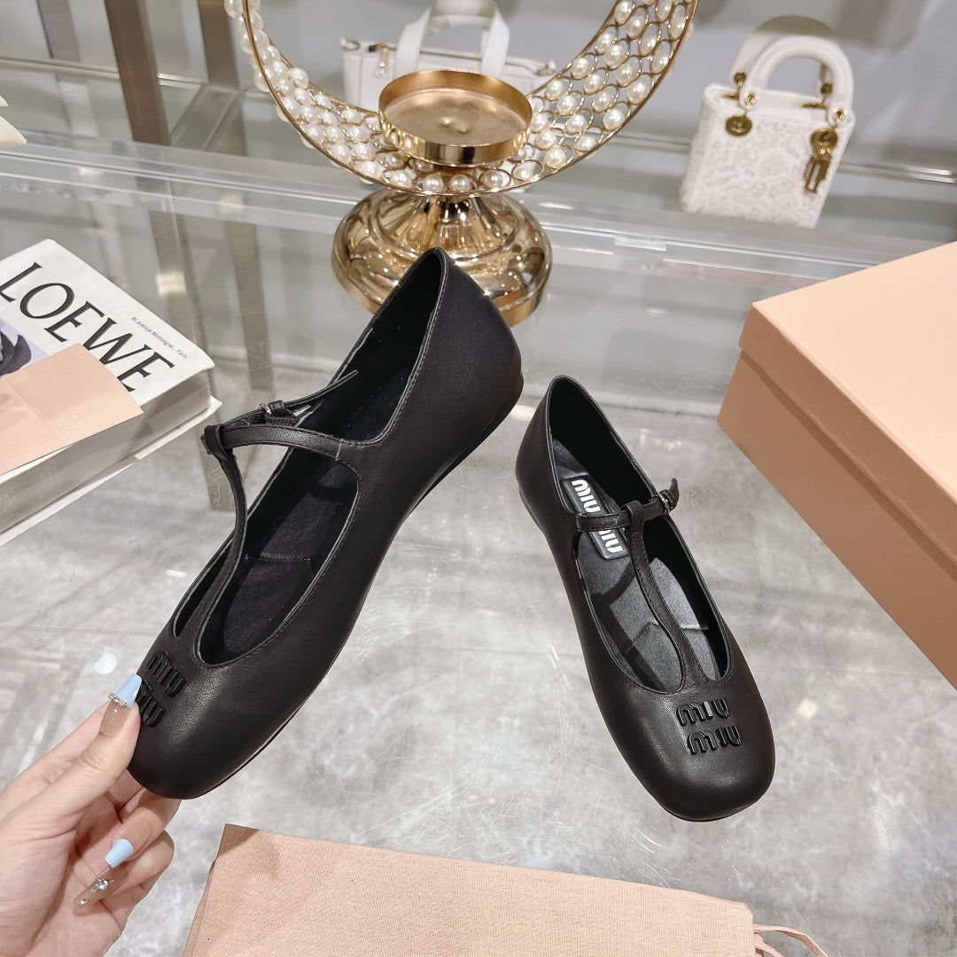 MARY JANE SANDAL BLACK WITH T - STRAP SHEEPSKIN