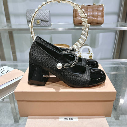 MARY JANE SANDAL CAP TOE BLACK SHEEPSKIN - HIGH HEEL