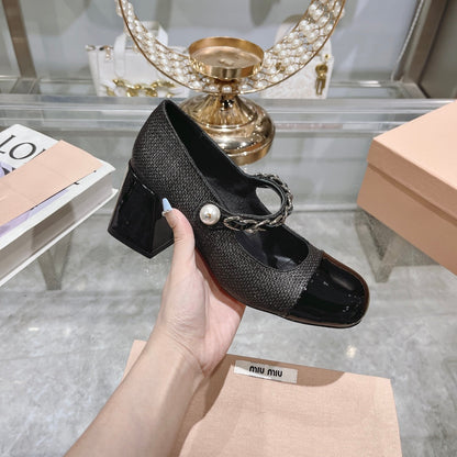 MARY JANE SANDAL CAP TOE BLACK SHEEPSKIN - HIGH HEEL