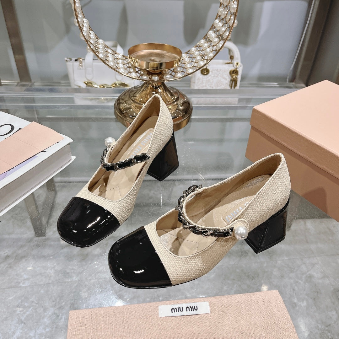 MARY JANE SANDAL CAP TOE BRIGHT CREAM SHEEPSKIN - HIGH HEEL