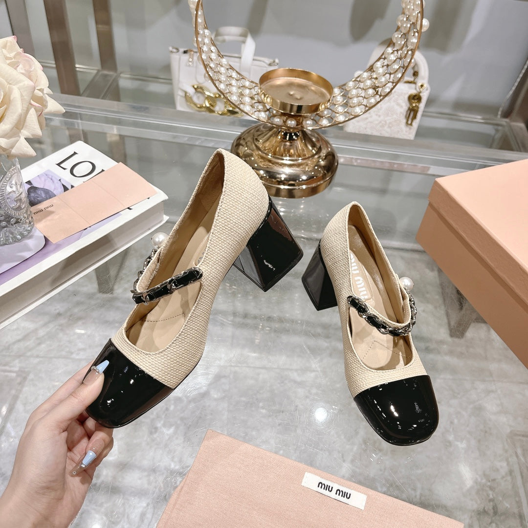 MARY JANE SANDAL CAP TOE BRIGHT CREAM SHEEPSKIN - HIGH HEEL
