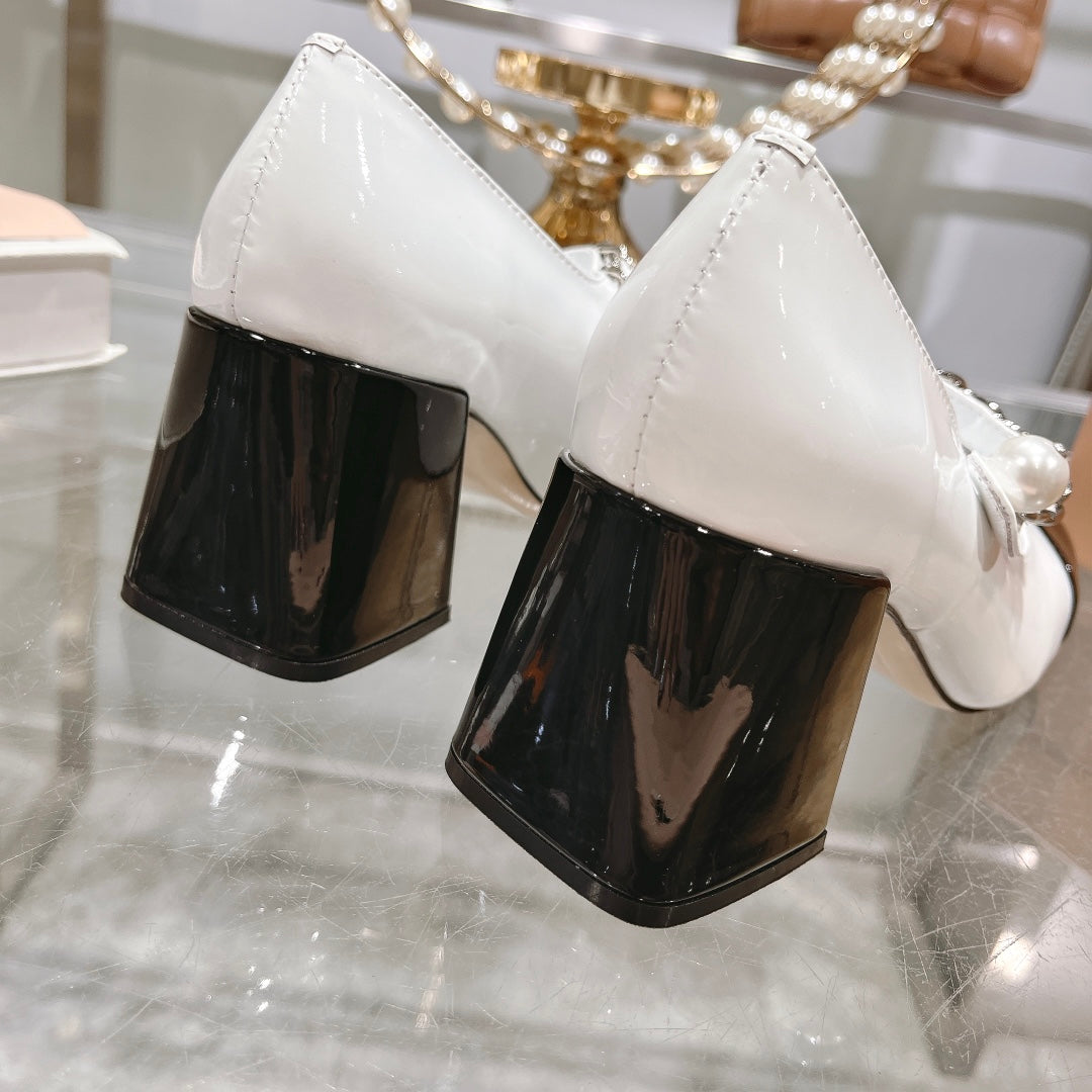 MARY JANE SANDAL CAP TOE WHITE SHEEPSKIN - HIGH HEEL