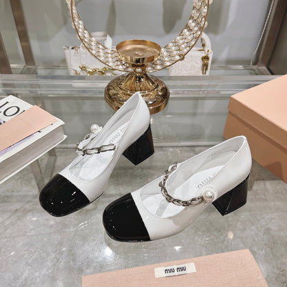 MARY JANE SANDAL CAP TOE WHITE SHEEPSKIN - HIGH HEEL