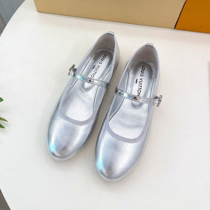 LV WOMEN ROMY FLAT BALLERINA IN SILVER METALLIC LAMBSKIN