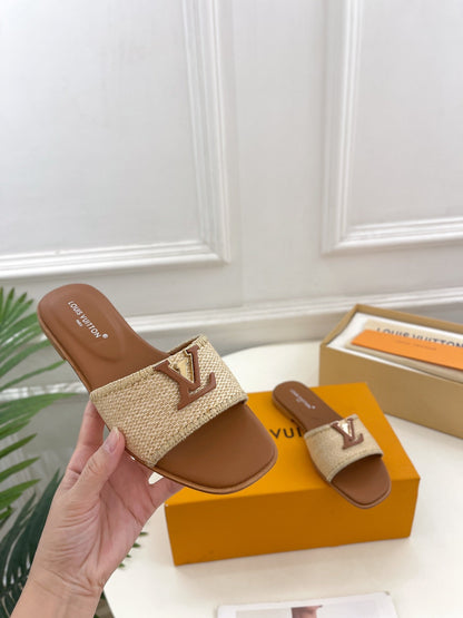 LV WOMEN CAPRI FLAT MULES IN CHOCOLATE BROWN LEATHER AND RAFFIA
