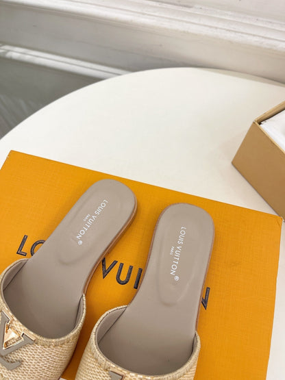LV WOMEN CAPRI FLAT MULES IN TAN BROWN LEATHER AND RAFFIA