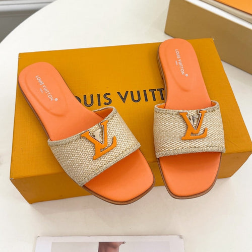 LV WOMEN CAPRI FLAT MULES IN TIGER ORANGE LEATHER AND RAFFIA